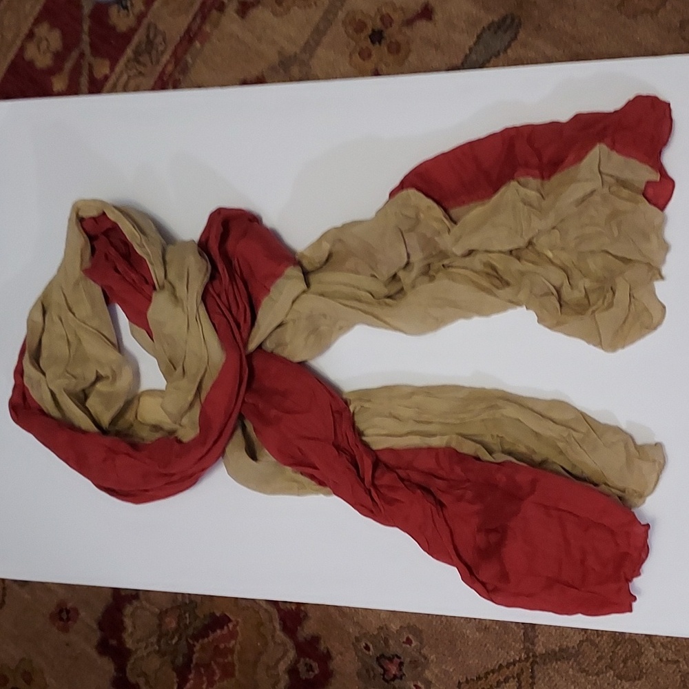 Orange Rust And Beige Tan Long Scarf Crinkle Fabric Color Blocked Wrap